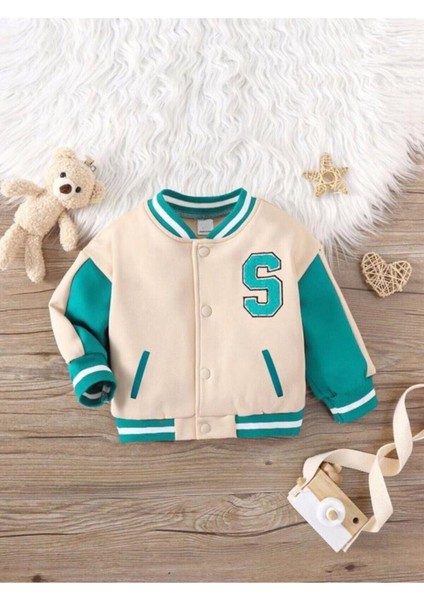 Unisex Harf Aplikeli Kontrast Çizgi Detaylı Kolej Bomber Çocuk Ceket Krem modelleri