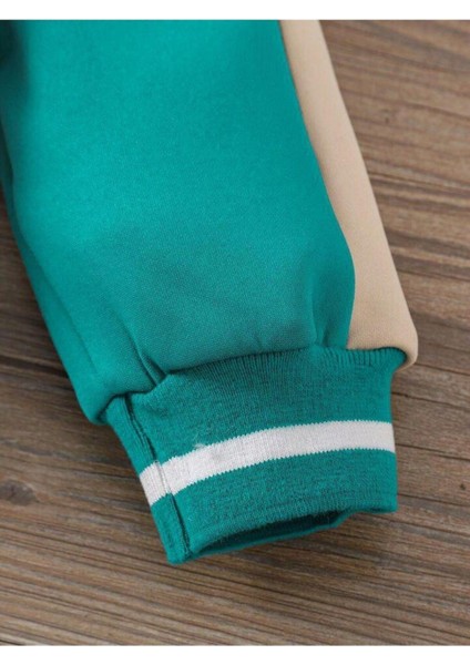 Unisex Harf Aplikeli Kontrast Çizgi Detaylı Kolej Bomber Çocuk Ceket Krem