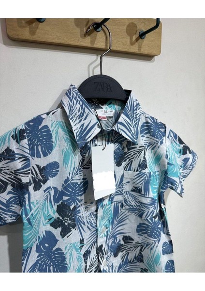 Erkek Çocuk Hawaii Desenli Kısa Kollu Yazlık Dokuma Gömlek Mavi