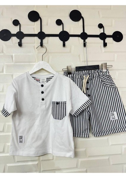 Çizgili Şort Tshirt Takım Beyaz Lacivert