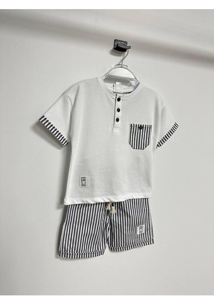 Çizgili Şort Tshirt Takım Beyaz Lacivert modelleri