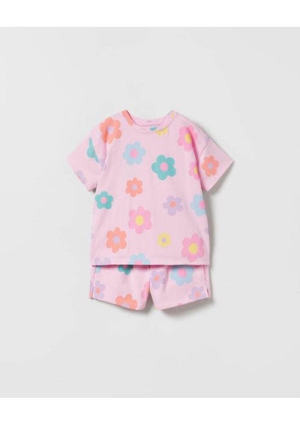 Pembe Çiçekli Tshirt Şort Takım Pembe
