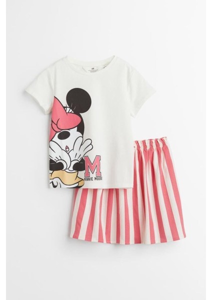 Kız Çocuk Minnie Mouse Baskılı Çizgili Etek Takım Pembe
