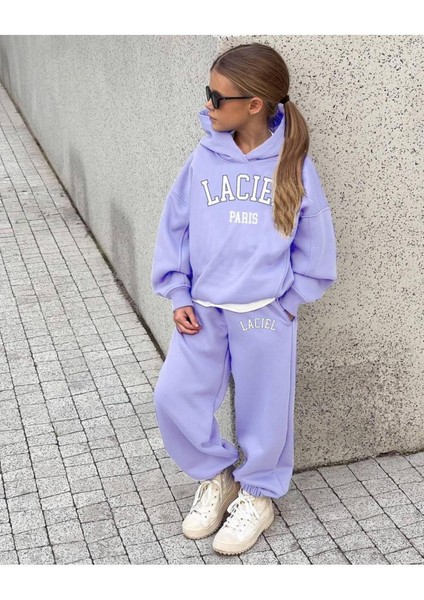 Kız Çocuk Kapüşonlu Laci'el Paris Yazılı Sweatshirt Eşofman Takım Lila