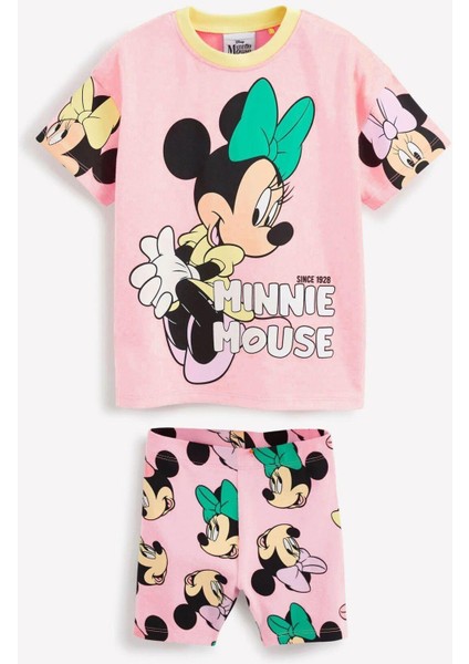 Kız Çocuk Minnie Mouse Baskılı ve Tayt Şortlu Alt Üst Takım Şeker Pembe