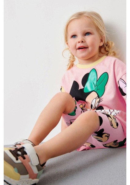 Kız Çocuk Minnie Mouse Baskılı ve Tayt Şortlu Alt Üst Takım Şeker Pembe