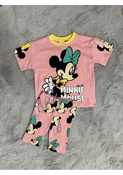 Kız Çocuk Minnie Mouse Baskılı ve Tayt Şortlu Alt Üst Takım Şeker Pembe