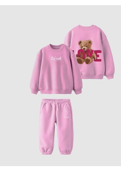 Kız Çocuk Ayıcıklı 3 Iplik Şardonsuz Alt-Üst Sweatshirt-Eşofman Takım Pembe