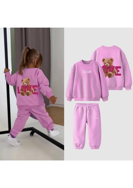 Kız Çocuk Ayıcıklı 3 Iplik Şardonsuz Alt-Üst Sweatshirt-Eşofman Takım Pembe fiyatları