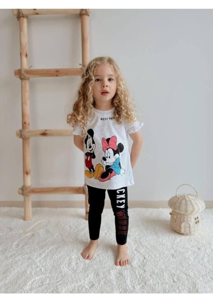 Minnie ve Mickey Mouse Baskılı T-Shirt ve Tayt Kız Çocuk Alt Üst Takım Açık Gri