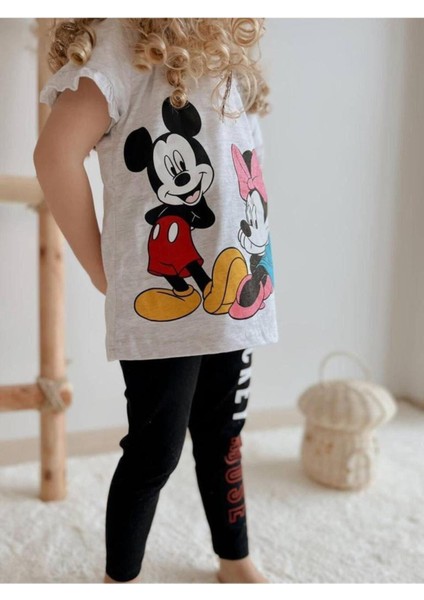 Minnie ve Mickey Mouse Baskılı T-Shirt ve Tayt Kız Çocuk Alt Üst Takım Açık Gri