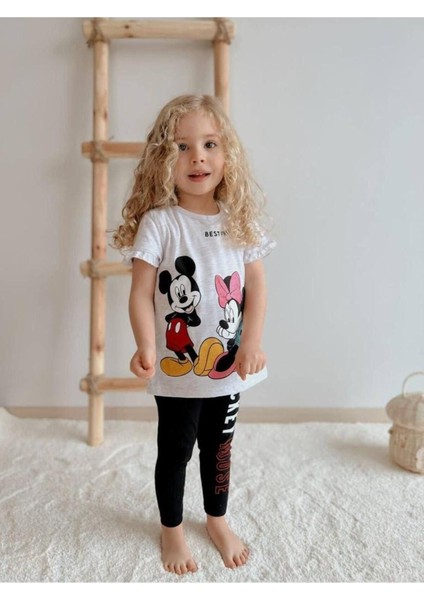 Minnie ve Mickey Mouse Baskılı T-Shirt ve Tayt Kız Çocuk Alt Üst Takım Açık Gri