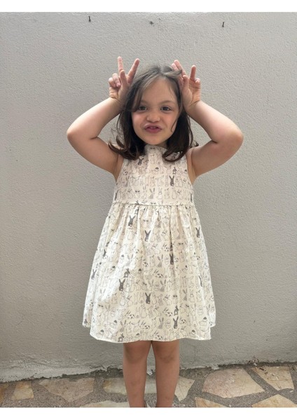 Elbise Tavşan Desenli Beyaz