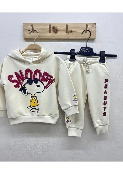 Snoopy Peanuts Baskılı Kapüşonlu Çocuk Alt Üst Eşofman Takım Ekru