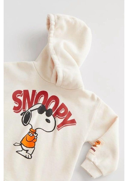 Snoopy Peanuts Baskılı Kapüşonlu Çocuk Alt Üst Eşofman Takım Ekru
