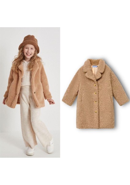 Kız Çocuk Peluş Teddy Kumaş Mont Taba