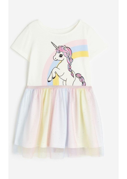 Kız Çocuk Unicorn Desenli Pamuklu Astarlı Elbise Karışık