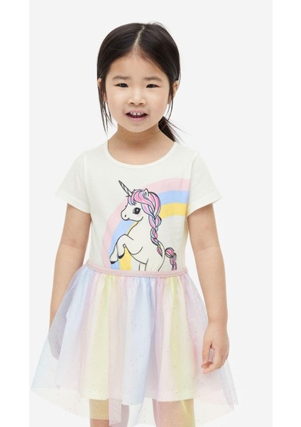 Kız Çocuk Unicorn Desenli Pamuklu Astarlı Elbise Karışık