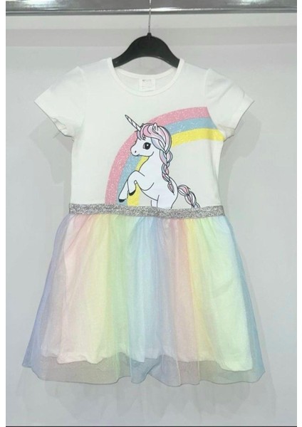 Kız Çocuk Unicorn Desenli Pamuklu Astarlı Elbise Karışık