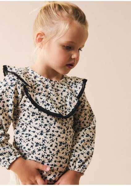 Çiçek Desenli Kız Çocuk Bluz Beyaz