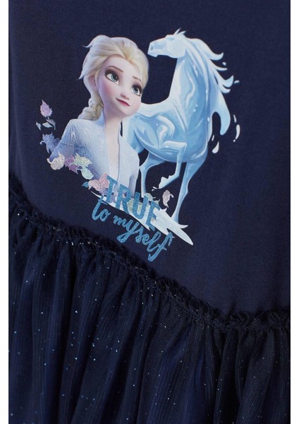 Kız Çocuk Elsa Desenli Elbise Lacivert