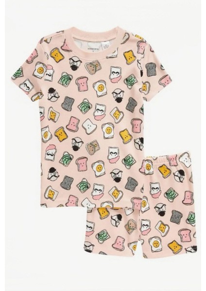 Nordstrom Funny Toast Baskılı Pamuklu Kısa Kollu Şortlu Çocuk Pijama Takımı Somon