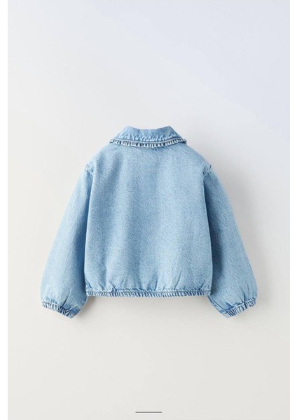 Kız Çocuk Çicek Işlemeli Denim Gömlek Mavi