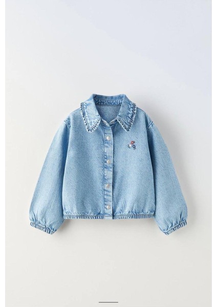 Kız Çocuk Çicek Işlemeli Denim Gömlek Mavi