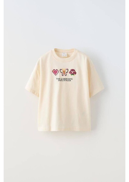 Kız Çocuk Işleme Detaylı T-Shirt Krem
