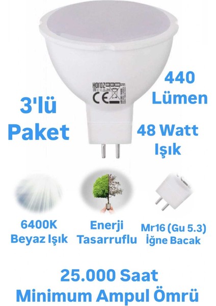 Horoz 6W MR16 LED Ampul Beyaz Işık 440 Lümen Spot Ampul Iğne Bacak Ampul 220 Volt