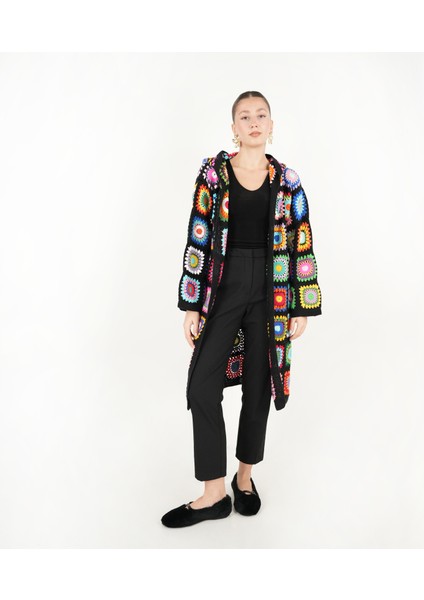 El Örgüsü Boho Kapuşonlu Kadın Hırkası-Uzun Ceket