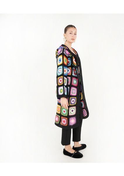 El Örgüsü Boho Kapuşonlu Kadın Hırkası-Uzun Ceket fırsatları