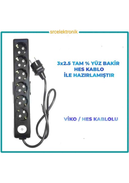 Multi-Let 6 Lı 3x2.5 Hes Kablo Tam Bakır (16 ile 40 Metre Arası) Anahtarlı Topraklı Çocuk Korumalı Uzatma Grup Priz ( 3x2.5 Ttr Hes Kablo Tam Bakır) Ttr Kablo Tseli HO5V