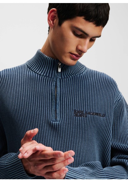Jeans Dik Yaka Standart Düz Mavi Erkek Kazak 246D2003_KLJ Relaxed Half Zıp Sweat