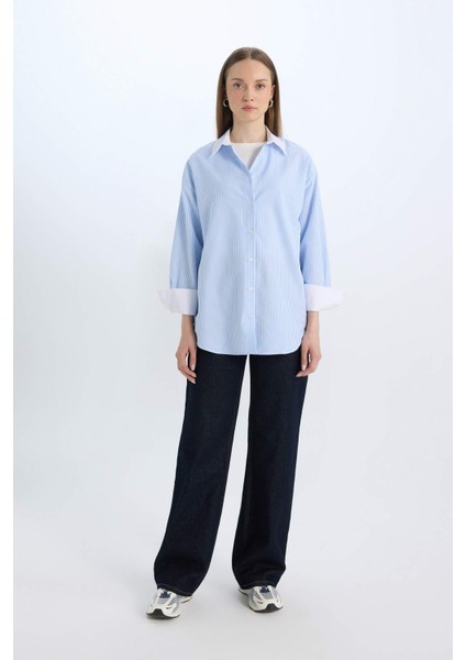 Relax Fit Çizgili Poplin Uzun Kollu Gömlek Tunik D7343AX25SP