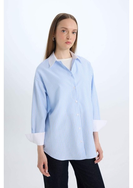 Relax Fit Çizgili Poplin Uzun Kollu Gömlek Tunik D7343AX25SP