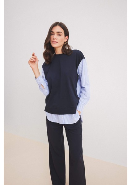 Bisiklet Yaka Çizgili Gömlek Görünümlü Sweatshirt Tunik E1393AX25SP