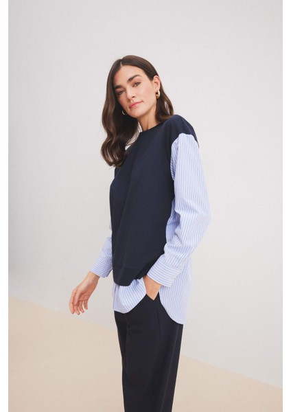 Bisiklet Yaka Çizgili Gömlek Görünümlü Sweatshirt Tunik E1393AX25SP