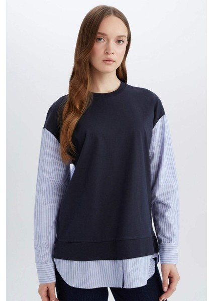 Bisiklet Yaka Çizgili Gömlek Görünümlü Sweatshirt Tunik E1393AX25SP