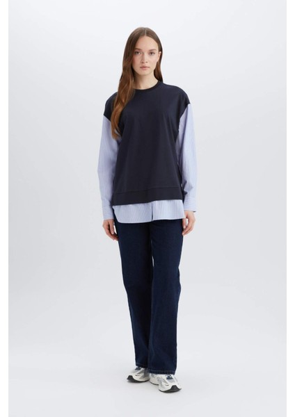Bisiklet Yaka Çizgili Gömlek Görünümlü Sweatshirt Tunik E1393AX25SP