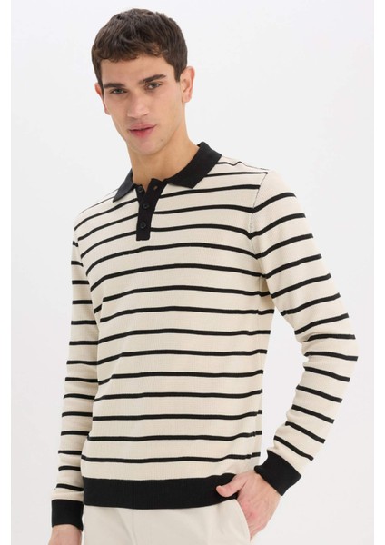 Standart Fit Polo Yaka Çizgili Triko Kazak E7604AX24WN