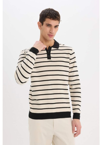 Standart Fit Polo Yaka Çizgili Triko Kazak E7604AX24WN modelleri