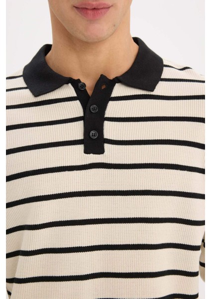 Standart Fit Polo Yaka Çizgili Triko Kazak E7604AX24WN indirimleri