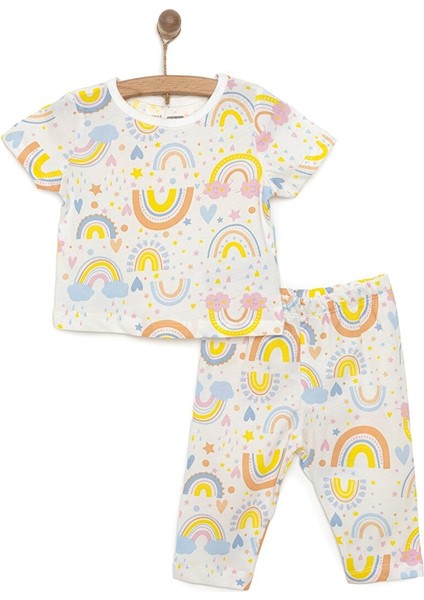 Kısa Kol Gökkuşağı Desenli Bisiklet Yaka Pijama Takımı