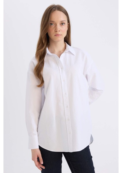Relax Fit Basic Düz Oxford Uzun Kollu Gömlek Tunik E1754AX25SP