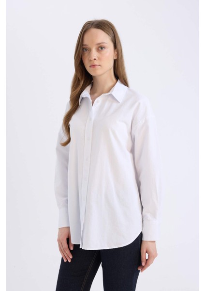 Relax Fit Basic Düz Oxford Uzun Kollu Gömlek Tunik E1754AX25SP
