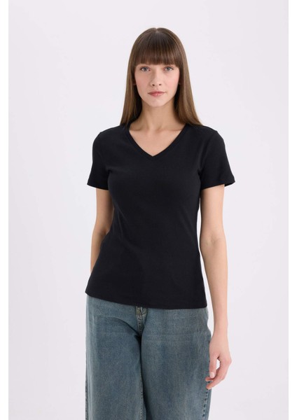Slim Fit Dar Kesim V Yaka Basic Düz Ribana Kısa Kollu Tişört I1080AZ25SP