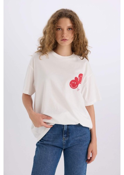 SmileyWorld Oversize Geniş Kalıp Bisiklet Yaka Sırt Baskılı Kısa Kollu Tişört D9138AX25SM modelleri