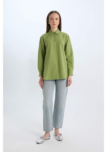 Relax Fit Basic Düz Poplin Uzun Kollu Gömlek Tunik D7341AX25SP