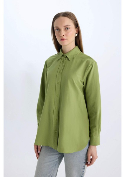 Relax Fit Basic Düz Poplin Uzun Kollu Gömlek Tunik D7341AX25SP